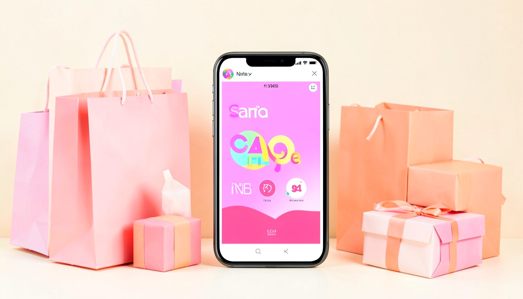 A bright, cheerful shopping scene with pastel pink and coral accents, featuring shopping bags, gift boxes, and a smartphone displaying a colorful sale banner against a soft cream background.