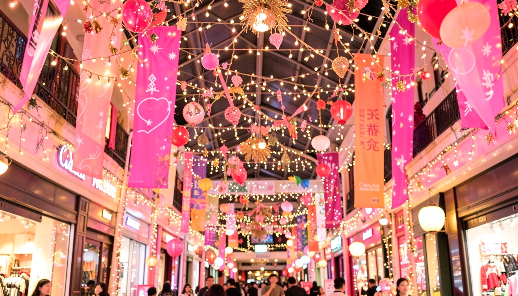 A bright shopping festival scene with colorful banners and festive lights in warm pink and gold tones