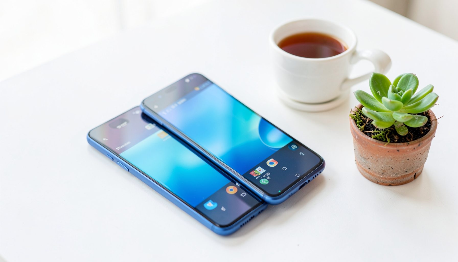 A dual-SIM Android smartphone lying on a white desk next to a cup of coffee and a small potted succulent, bright and airy composition.