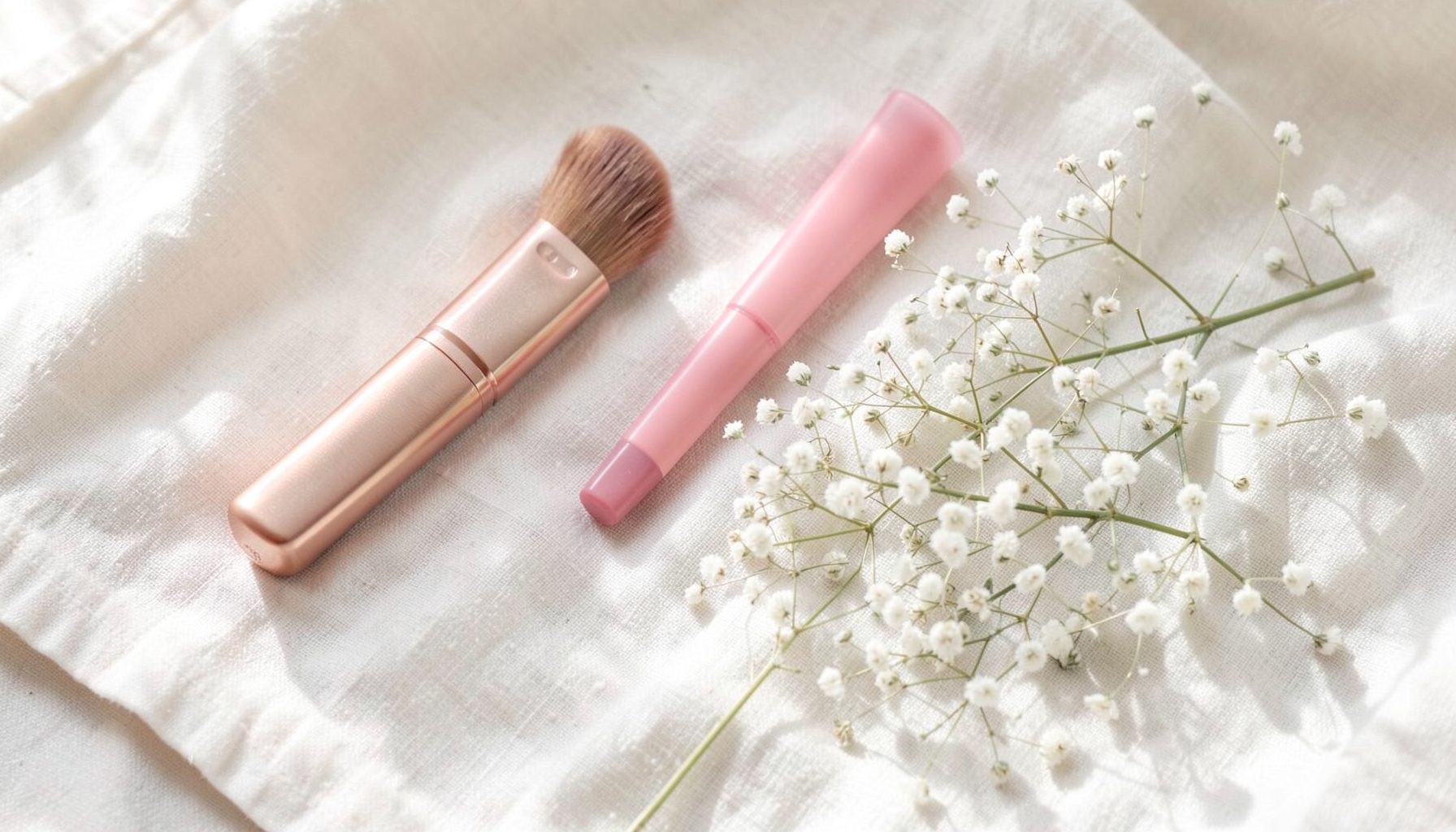 A flat lay of beauty products in soft pastel tones — a rose-gold brush, a pink lipstick, and a sprig of baby's breath on a cream linen cloth, bathed in gentle morning light.