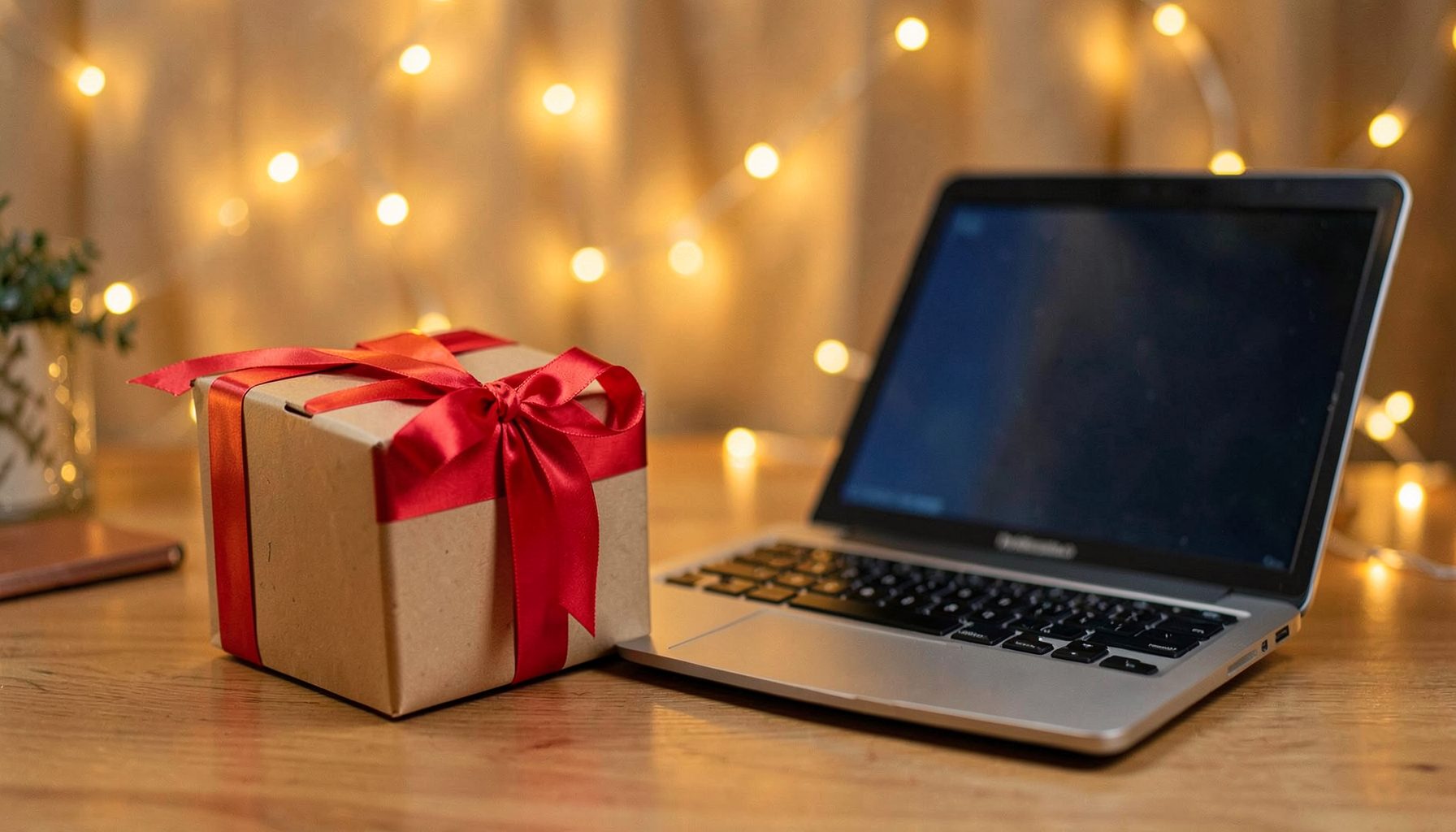 A gift-wrapped smartphone box with a festive red ribbon, placed beside an open laptop on a cozy desk setting with warm fairy lights in the background.