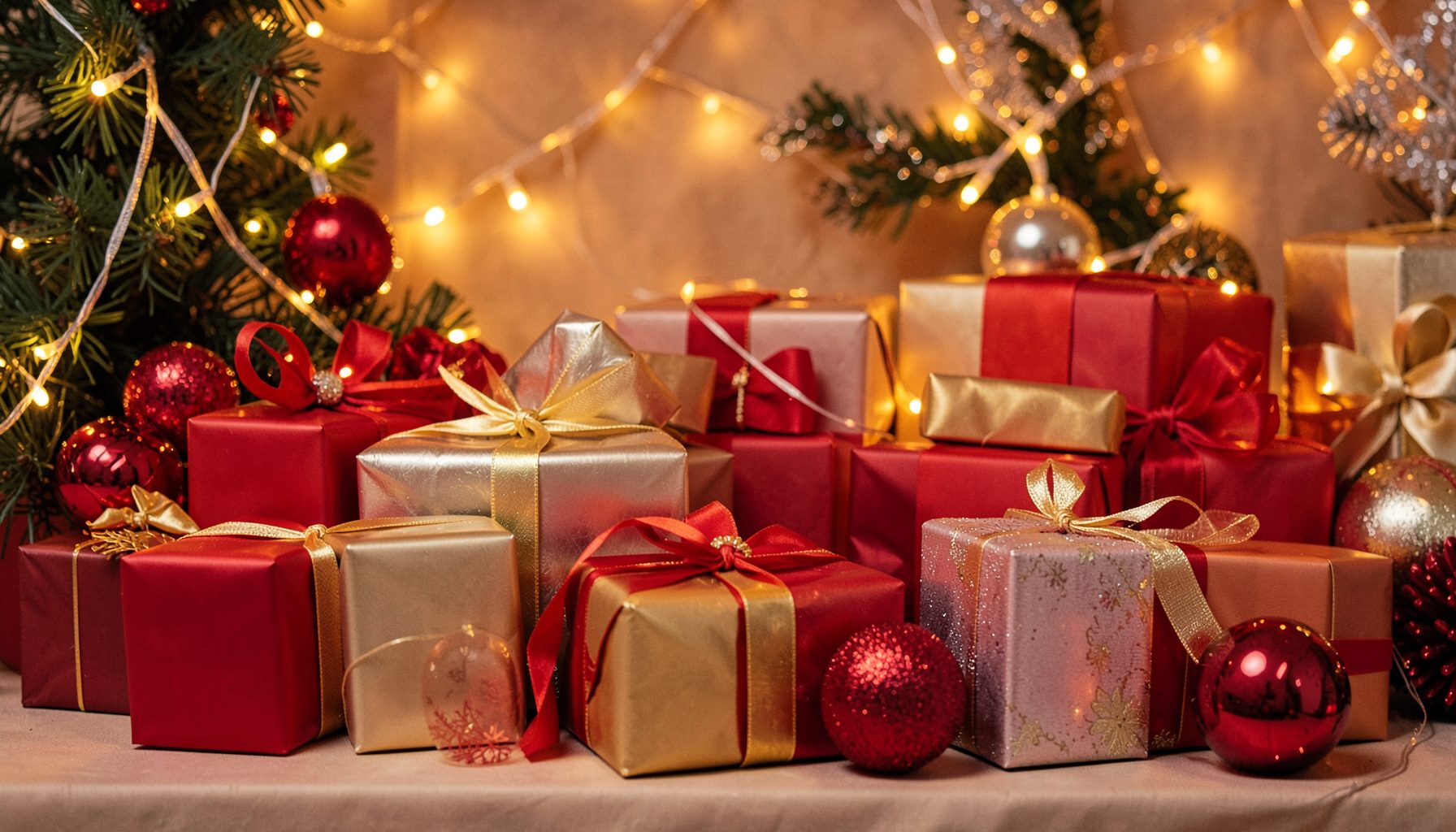 A holiday shopping display with wrapped gifts, warm fairy lights, and festive red and gold accents