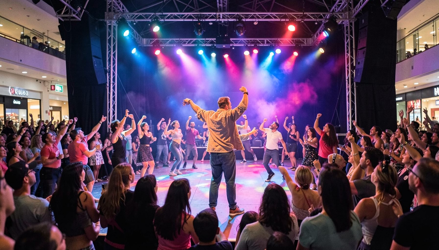 A lively dance contest on a mall stage with colorful stage lights and an enthusiastic crowd