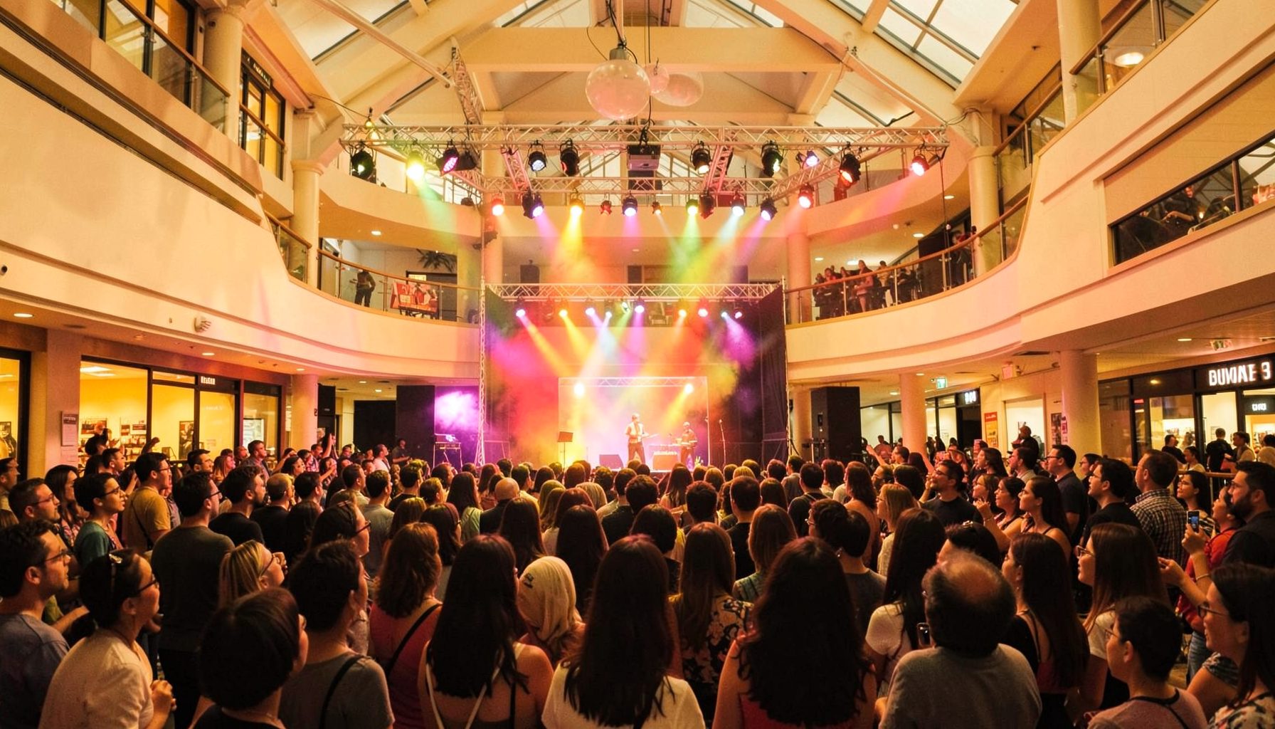 A lively mall atrium scene with warm amber and cream tones, colorful stage lights, and a crowd of spectators gathered around a performance area, conveying energy and community spirit.