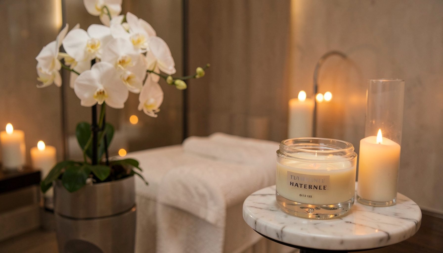 A luxurious spa treatment room with soft candlelight, white orchids, and a jar of caviar-infused cream on a marble side table