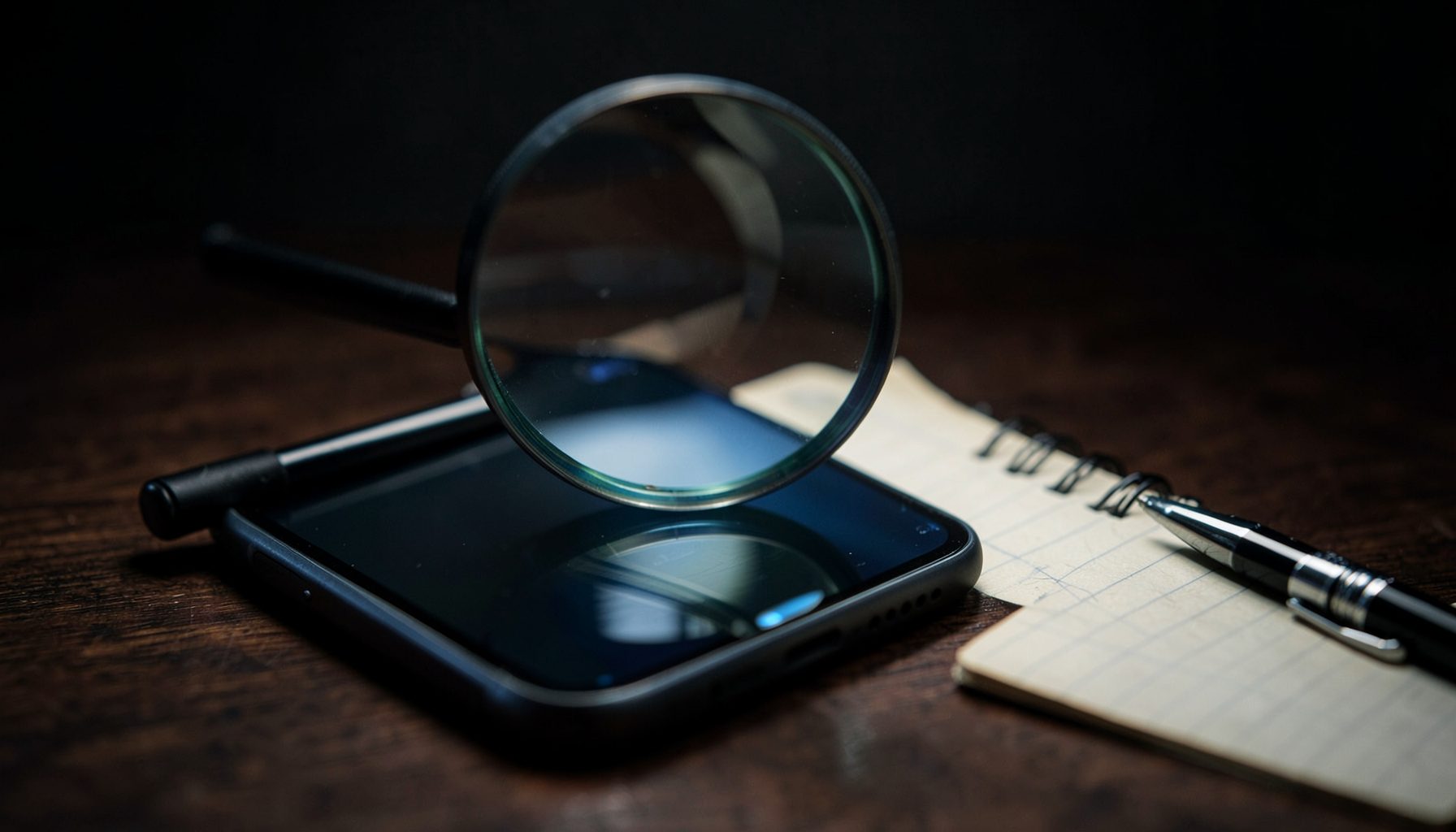 A magnifying glass hovering over a smartphone screen, with a detective-style notepad and pen nearby on a dark wooden desk, moody and intriguing lighting.