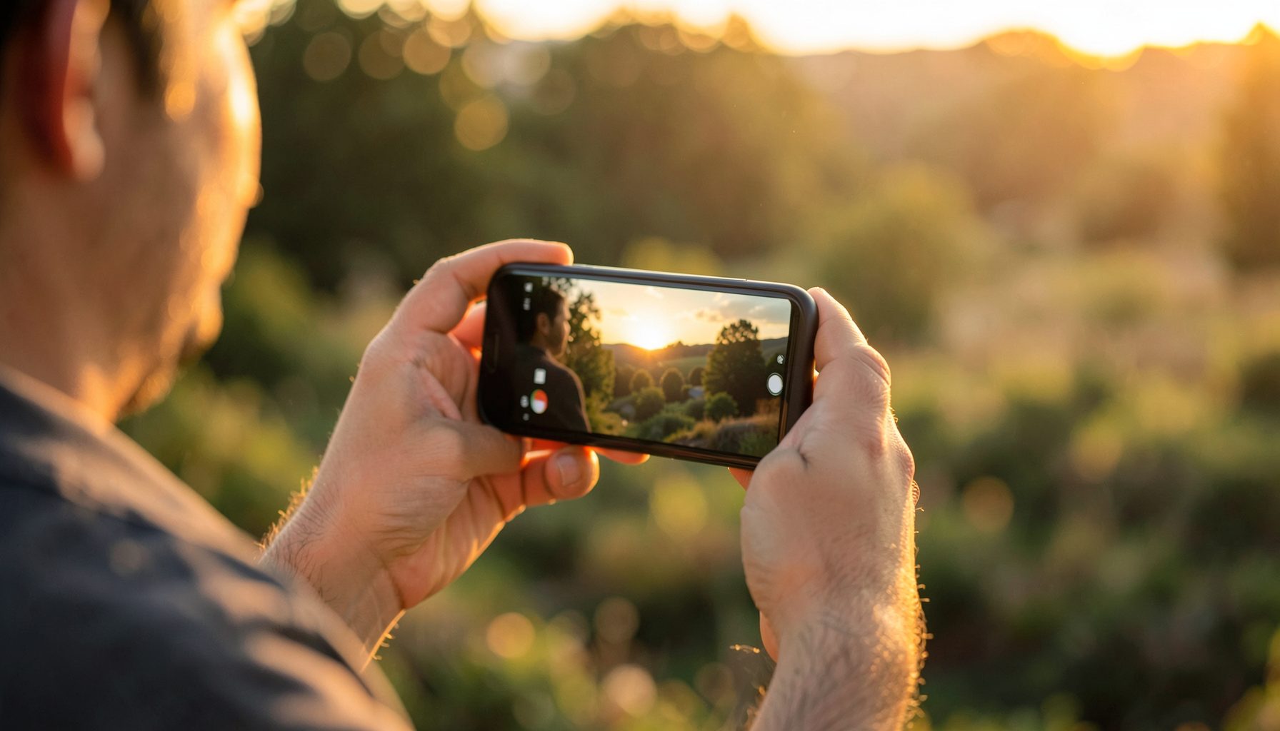 A person holding a smartphone horizontally, framing a scenic outdoor shot, with warm golden-hour light and soft bokeh in the background.