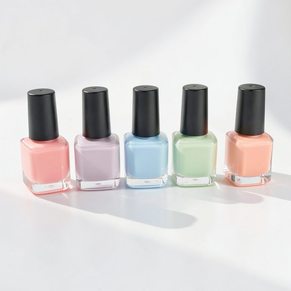 A row of pastel nail polish bottles casting gentle shadows on a white surface, clean and feminine