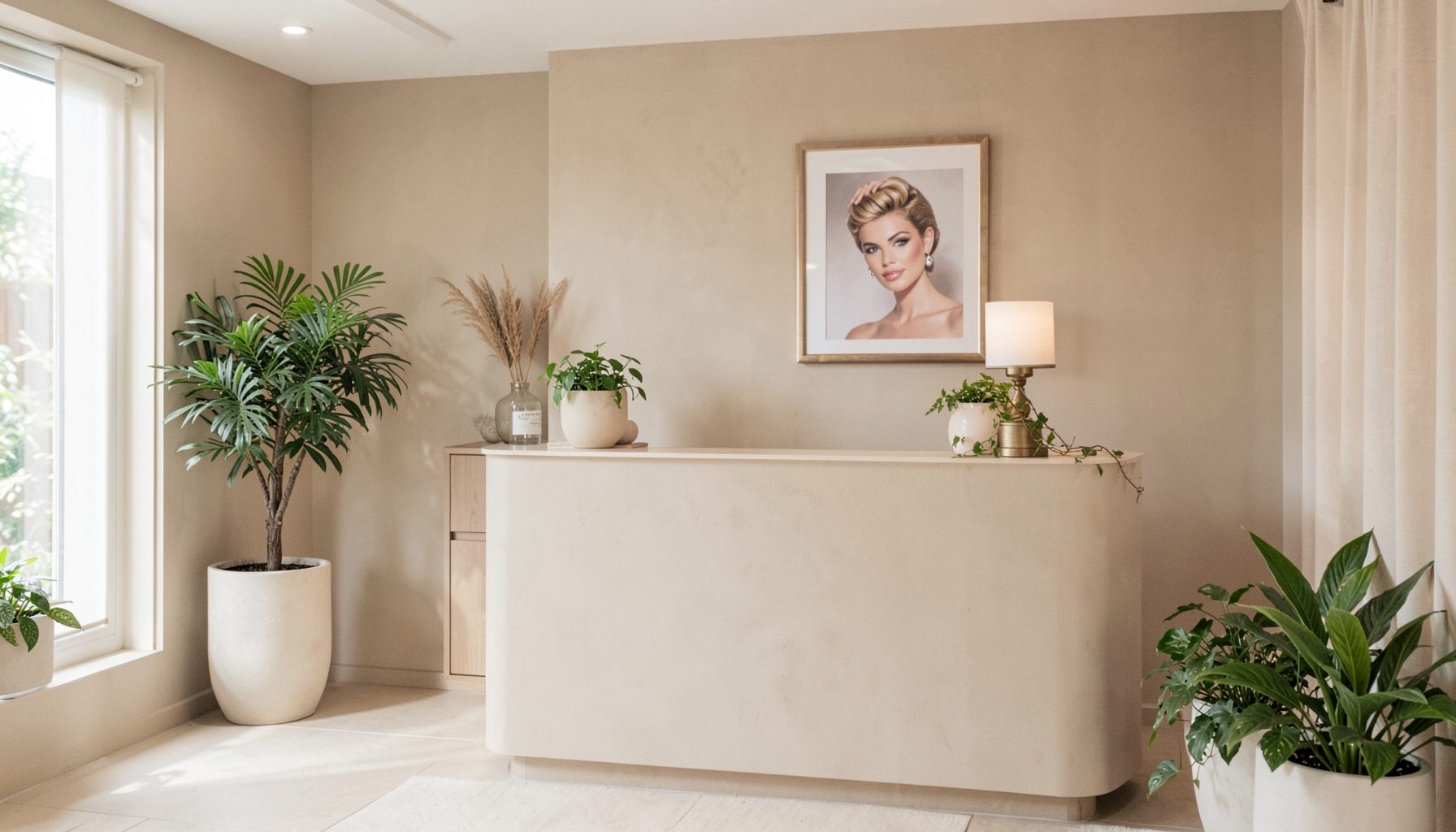 A serene day spa reception area with soft beige tones, fresh greenery, and a framed portrait of a beauty queen in the background