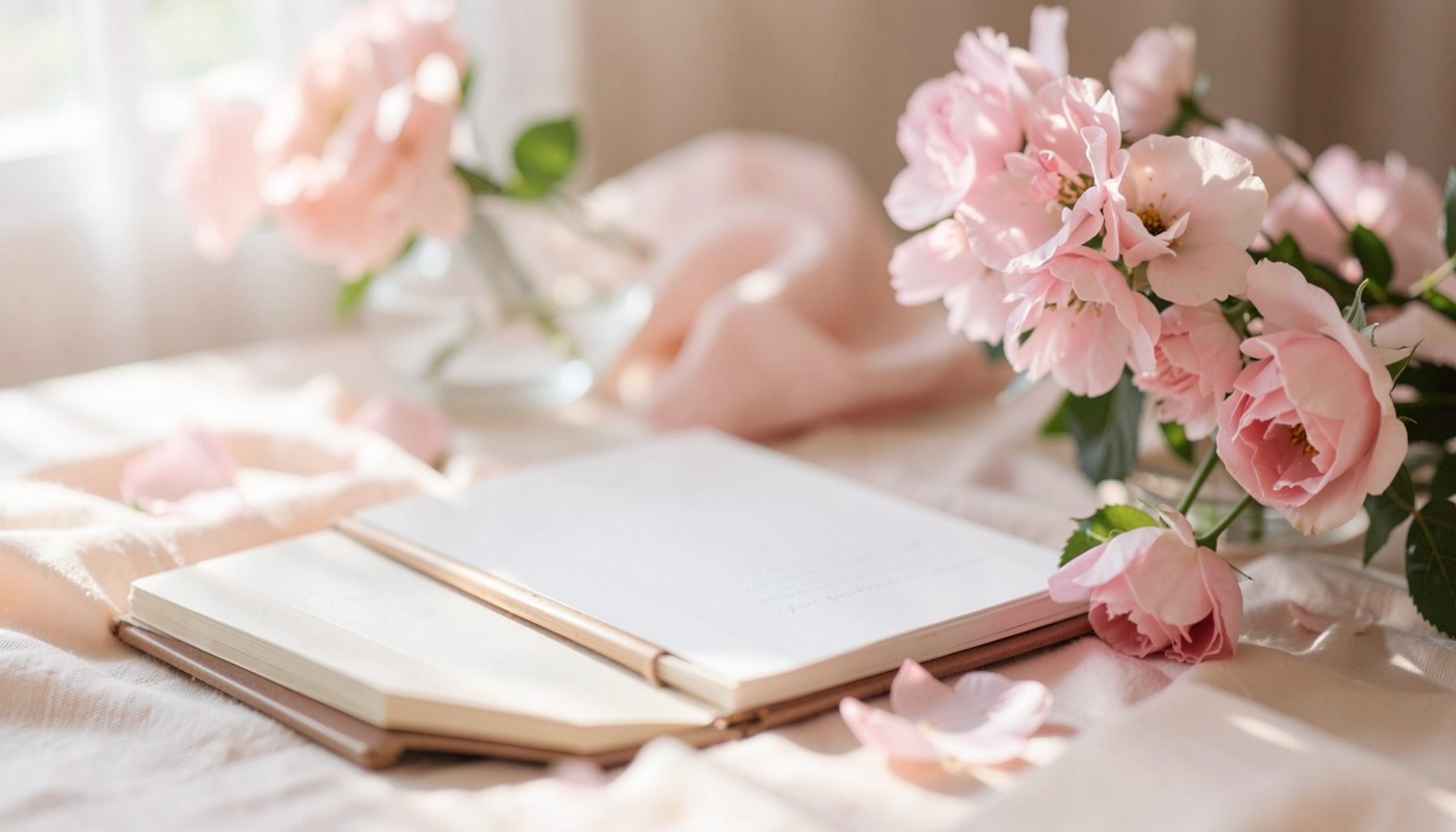 A serene self-care moment with soft pink florals, a journal, and gentle natural light