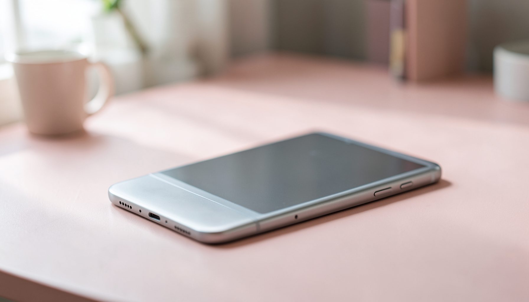 A sleek metallic smartphone resting on a pale pink surface, soft natural light casting gentle shadows, with a minimalist feminine desk setup in the blurred background.