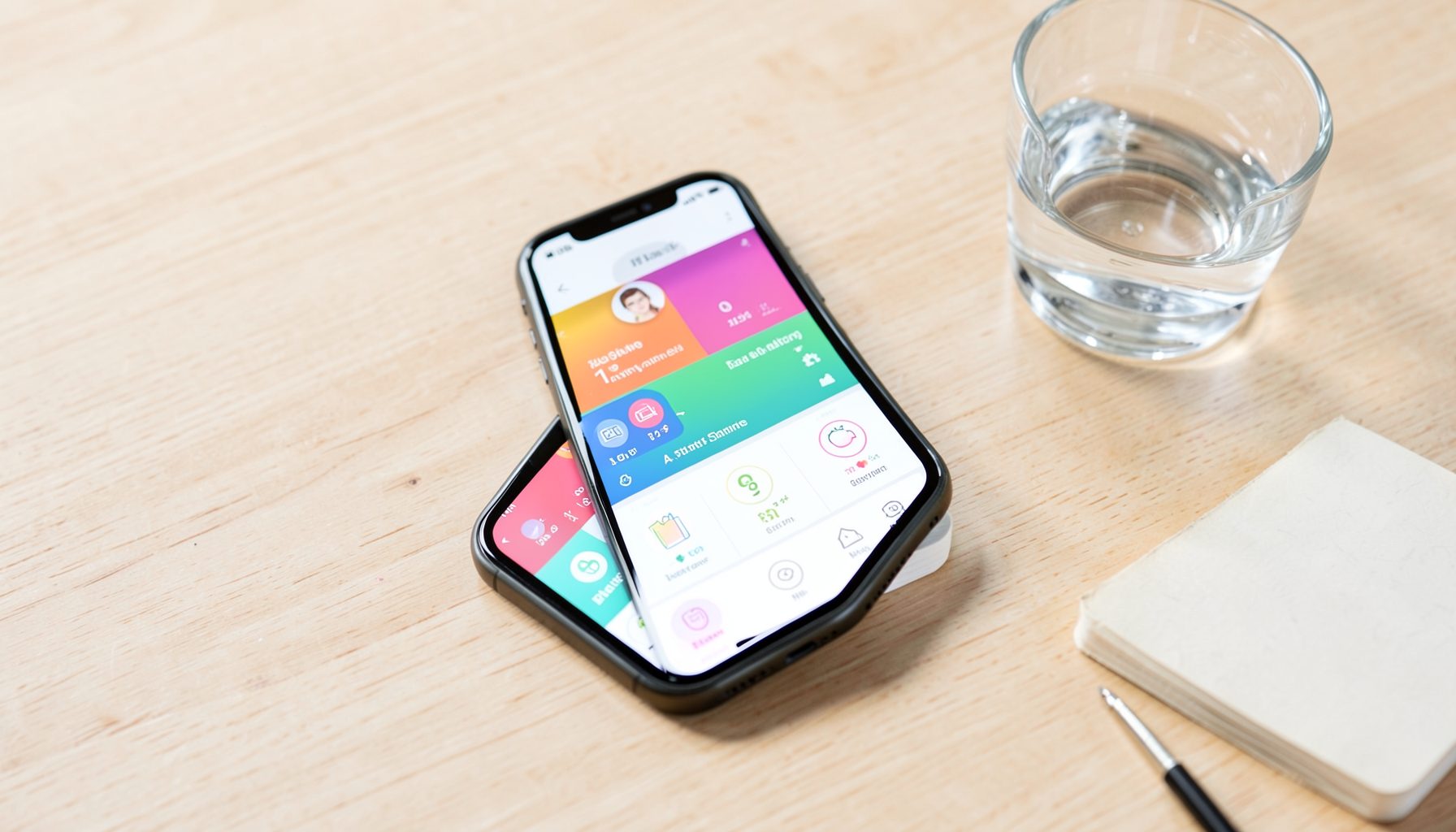 A smartphone screen displaying a colorful health-tracking app interface, placed on a light wooden table beside a glass of water and a small notebook.
