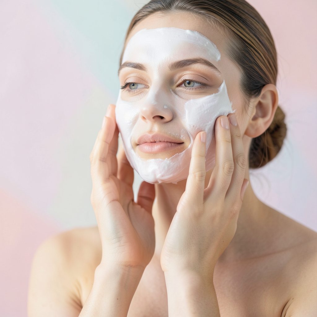 A woman's hands gently applying a white facial cream, soft focus with a clean pastel background
