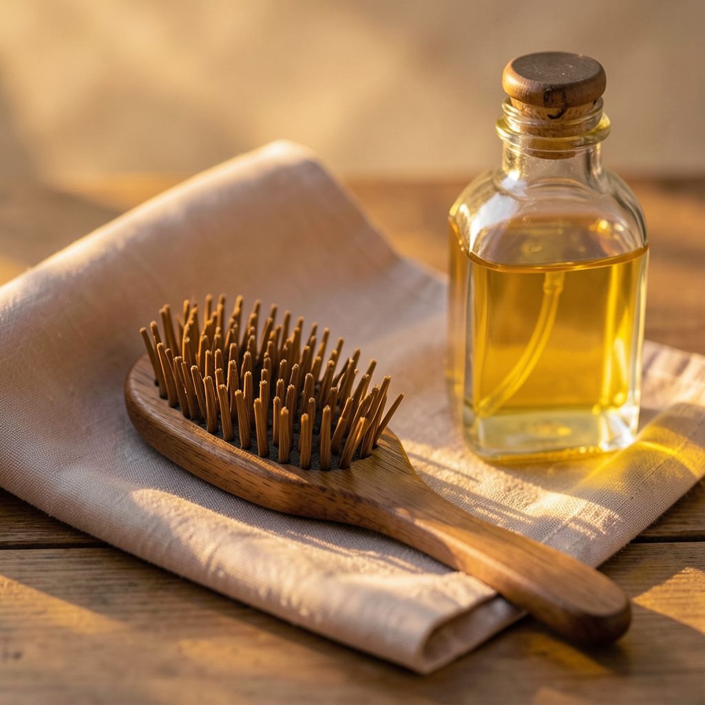 A wooden hairbrush resting on a silk scarf beside a bottle of hair oil, warm golden-hour glow