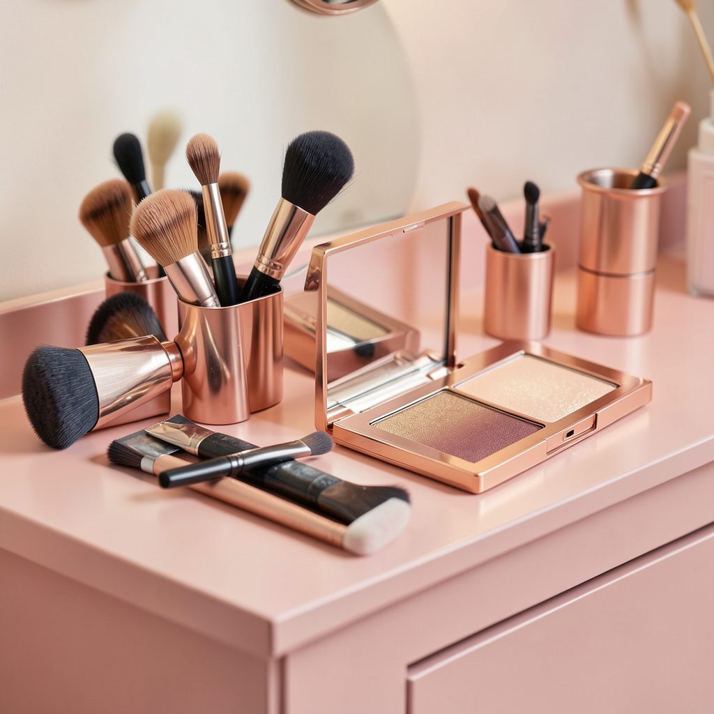 Elegant makeup brushes and a rose-gold eyeshadow palette on a blush-pink vanity, soft diffused lighting
