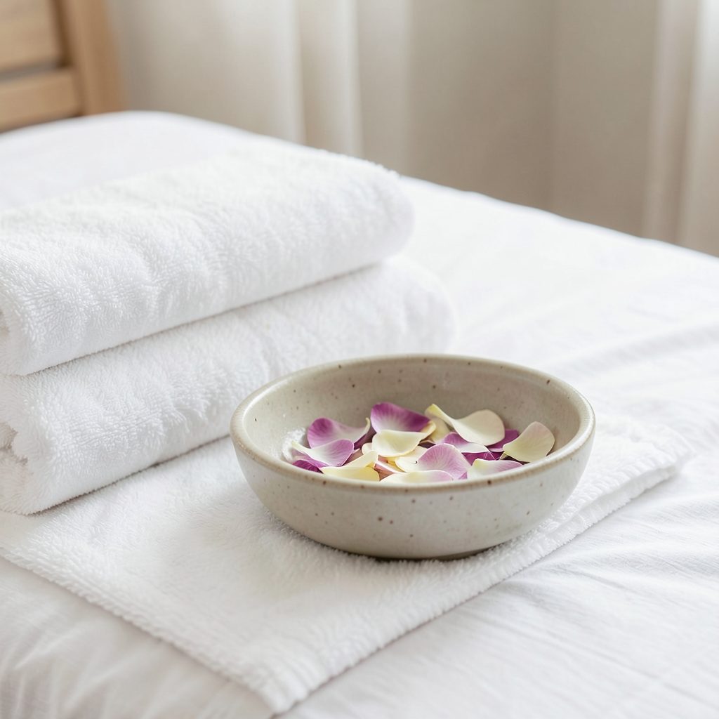 Fluffy white towels and a ceramic bowl with fresh flower petals on a spa bed, calm and serene atmosphere