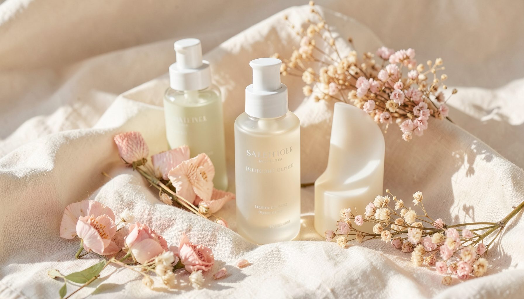 Soft pastel arrangement of natural skincare bottles, dried flowers, and a linen cloth in gentle cream and blush tones, bathed in warm daylight.