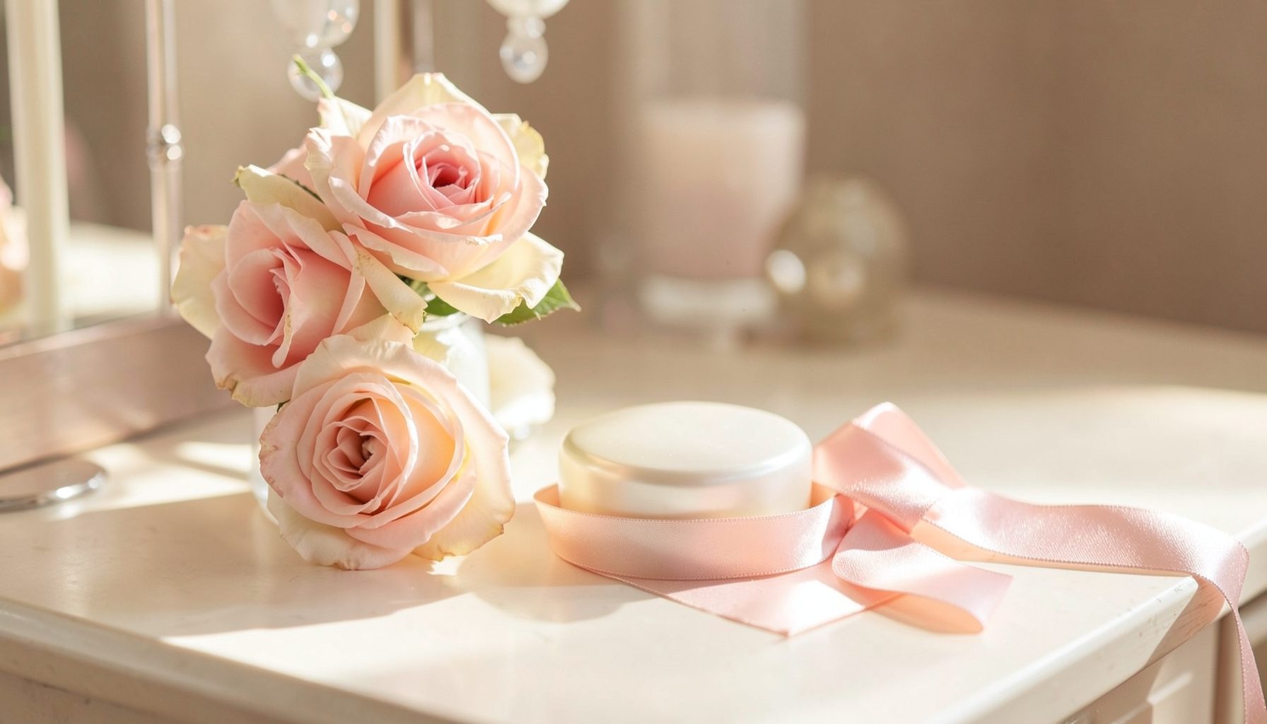 Soft pink and cream beauty arrangement with a delicate rose, a pearl-toned compact, and a satin ribbon on a sunlit vanity table, evoking a warm feminine editorial mood.