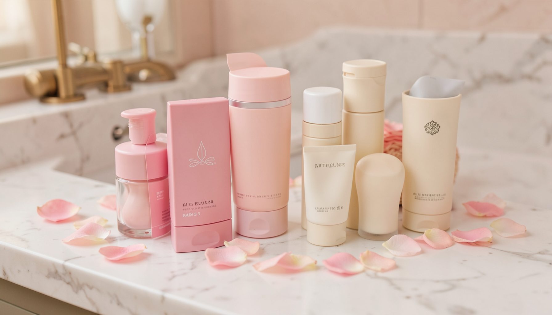 Soft pink and cream beauty products arranged on a marble vanity, with rose petals scattered around — warm, feminine, and inviting.